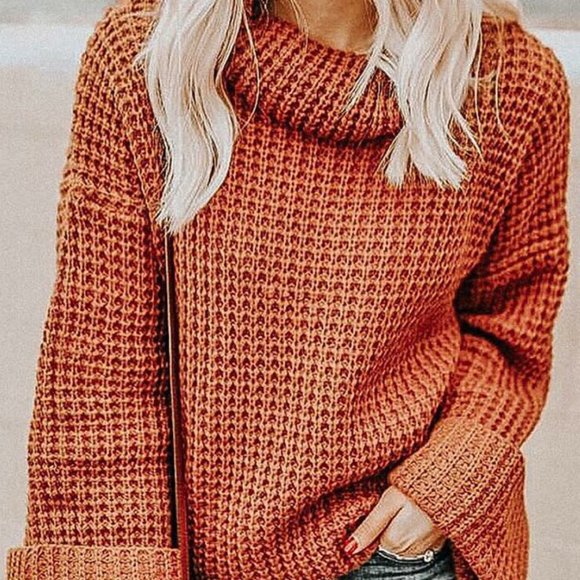 LAST Pumpkin Waffle Knit Turtle Neckline Sweater - Picture 6 of 6